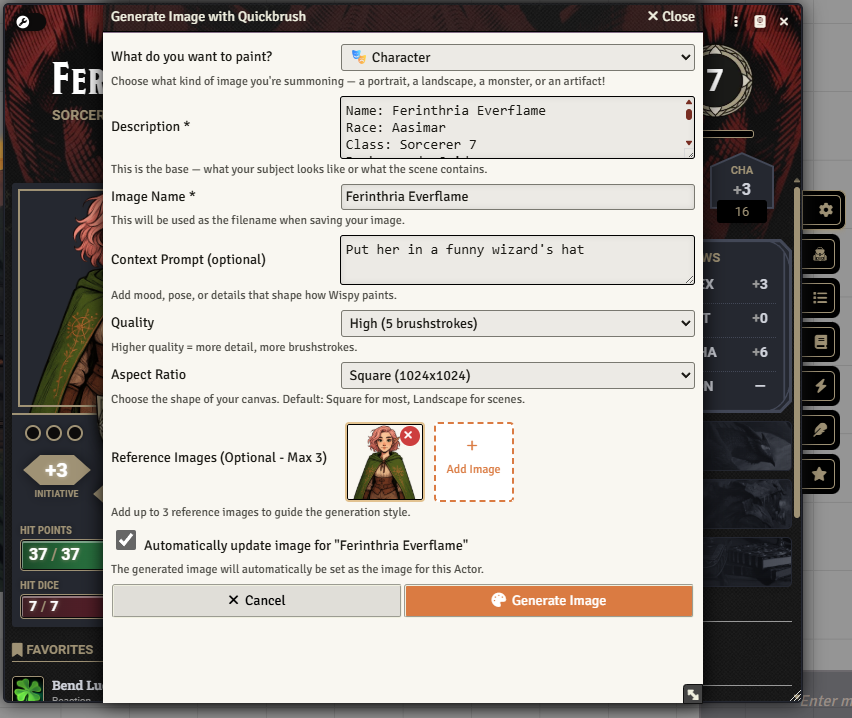 Generation dialog with auto-populated description