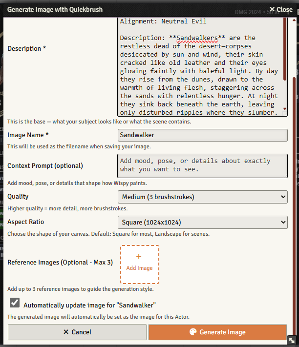 Creature generation dialog
