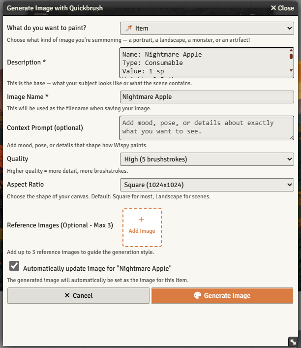 Item generation dialog